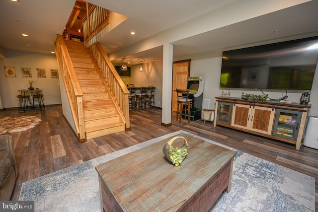 90 Biltmore Ridge Trl, Mc Henry, MD 21541 - living room with stairway, bar area, wood finished floors, recessed lighting, and baseboards
