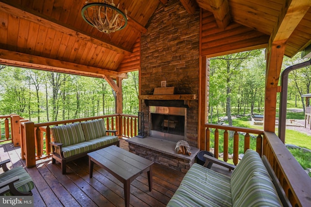 90 Biltmore Ridge Trl, Mc Henry, MD 21541 - wooden deck featuring an outdoor living space with a fireplace