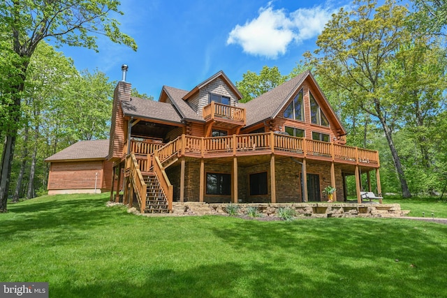 90 Biltmore Ridge Trl, Mc Henry, MD 21541 - back of property featuring a wooden deck, a chimney, a yard, and stone siding