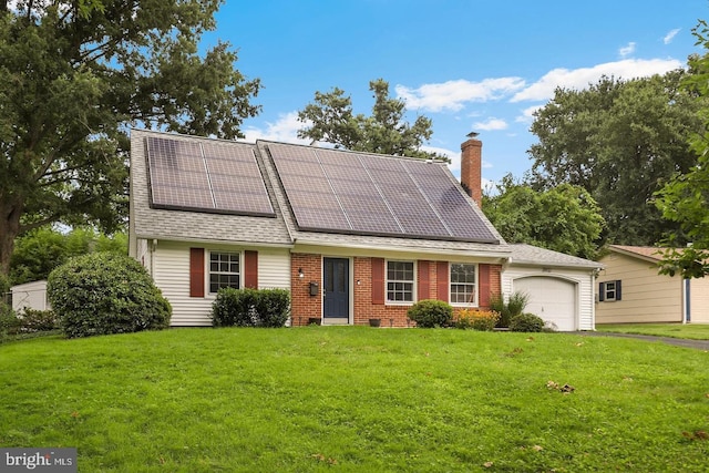 2912 Barrister Ln, Bowie, MD 20715 - view of front facade featuring an attached garage, a chimney, solar panels, and a front lawn