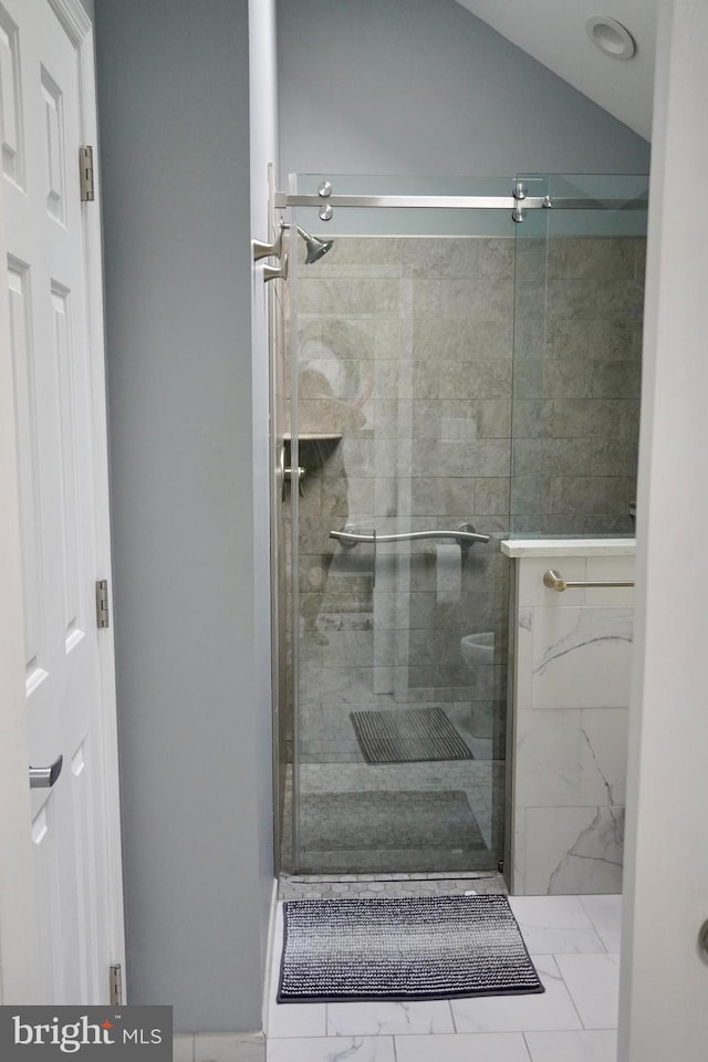 4 E Spring Oak Cir, Media, PA 19063 - full bathroom featuring a stall shower, marble look tile flooring, and vaulted ceiling