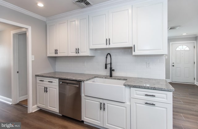 351 Doone Rd, Fairless Hills, PA 19030 - kitchen with stainless steel dishwasher, a sink, ornamental molding, white cabinetry, and dark wood-type flooring
