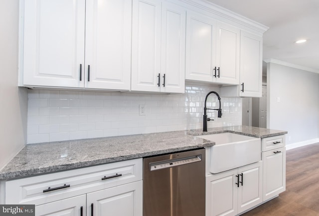 351 Doone Rd, Fairless Hills, PA 19030 - kitchen featuring dishwasher, a sink, ornamental molding, backsplash, and white cabinets