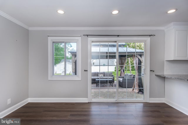 351 Doone Rd, Fairless Hills, PA 19030 - unfurnished dining area with crown molding, baseboards, dark wood-type flooring, and recessed lighting
