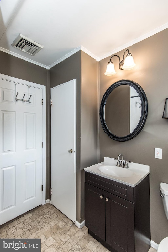 351 Doone Rd, Fairless Hills, PA 19030 - half bath with vanity, toilet, crown molding, and baseboards