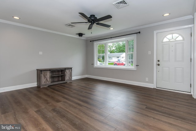 351 Doone Rd, Fairless Hills, PA 19030 - unfurnished living room featuring ornamental molding, a ceiling fan, dark wood-style floors, baseboards, and recessed lighting