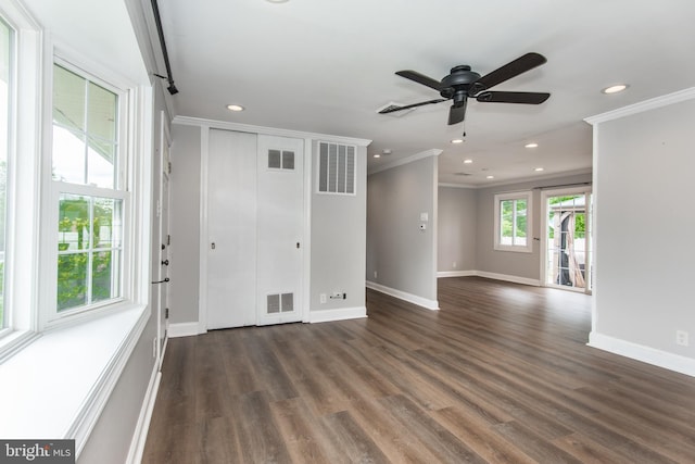 351 Doone Rd, Fairless Hills, PA 19030 - empty room with crown molding, recessed lighting, ceiling fan, dark wood finished floors, and baseboards