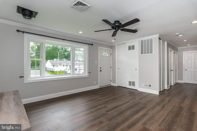 351 Doone Rd, Fairless Hills, PA 19030 - foyer with ornamental molding, recessed lighting, ceiling fan, dark wood-type flooring, and baseboards