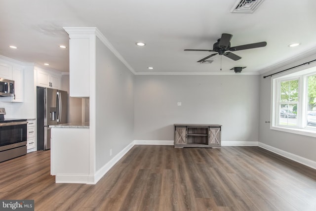 351 Doone Rd, Fairless Hills, PA 19030 - unfurnished living room with dark wood-type flooring, a ceiling fan, recessed lighting, baseboards, and crown molding