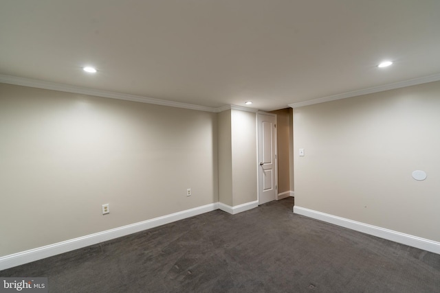1738 Stokesley Rd, Baltimore, MD 21222 - basement with recessed lighting, ornamental molding, baseboards, and dark carpet