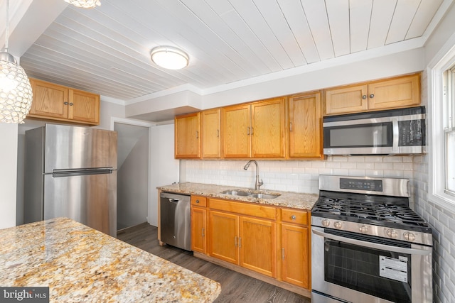 1738 Stokesley Rd, Baltimore, MD 21222 - kitchen with stainless steel appliances, a sink, dark wood-type flooring, wood ceiling, and decorative backsplash