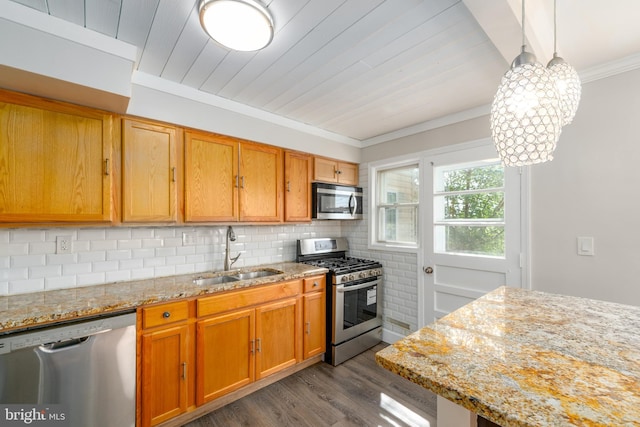 1738 Stokesley Rd, Baltimore, MD 21222 - kitchen with stainless steel appliances, a sink, dark wood-style flooring, tasteful backsplash, and light stone counters