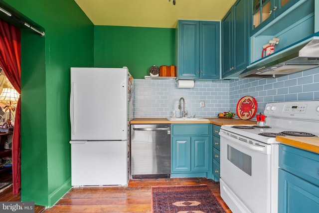 503 N Paca St, Baltimore, MD 21201 - kitchen featuring white appliances, a sink, tasteful backsplash, open shelves, and wood-type flooring