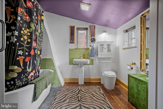 503 N Paca St, Baltimore, MD 21201 - full bathroom with toilet, wood finished floors, baseboards, a sink, and lofted ceiling