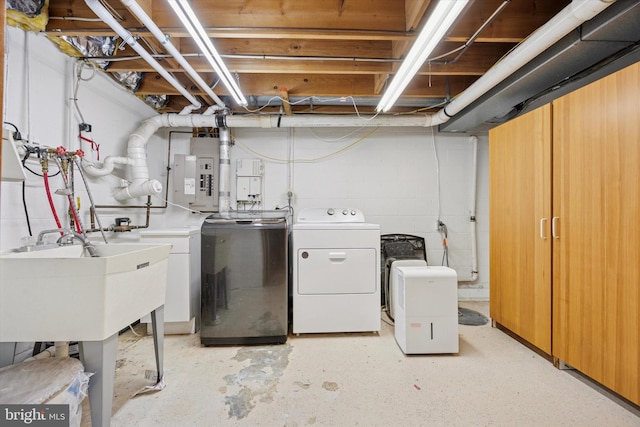 413 Eagle Rd # 7, Wayne, PA 19087 - laundry area with independent washer and dryer, electric panel, and concrete block wall