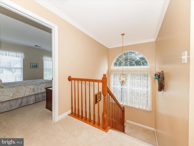 6810 Morrow Way, Frederick, MD 21703 - staircase featuring carpet flooring, baseboards, and ornamental molding