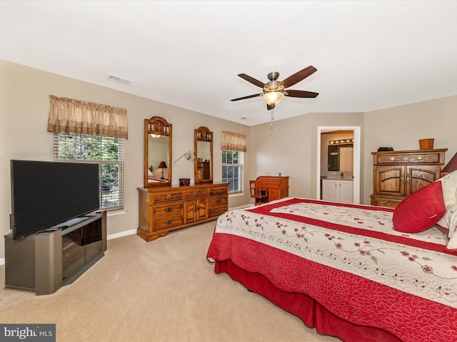 6810 Morrow Way, Frederick, MD 21703 - carpeted bedroom with baseboards, a ceiling fan, and connected bathroom