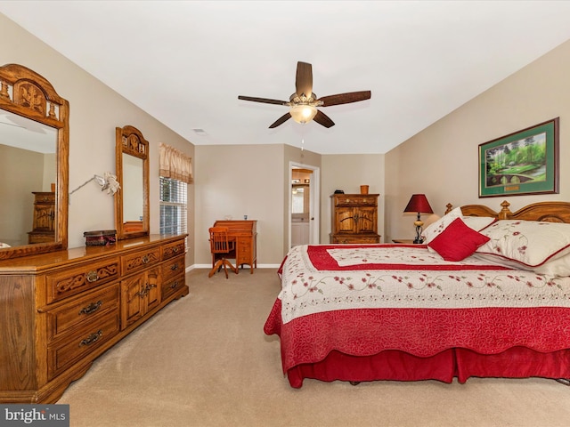 6810 Morrow Way, Frederick, MD 21703 - bedroom with light colored carpet, baseboards, a ceiling fan, and ensuite bathroom