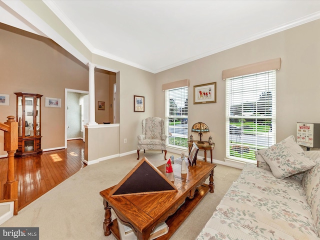 6810 Morrow Way, Frederick, MD 21703 - living area with decorative columns, light colored carpet, ornamental molding, baseboards, and light wood-style floors