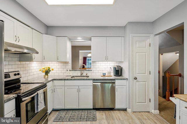 1085 Smartts Ln NE, Leesburg, VA 20176 - kitchen with stainless steel appliances, under cabinet range hood, a sink, light wood-style floors, and white cabinetry