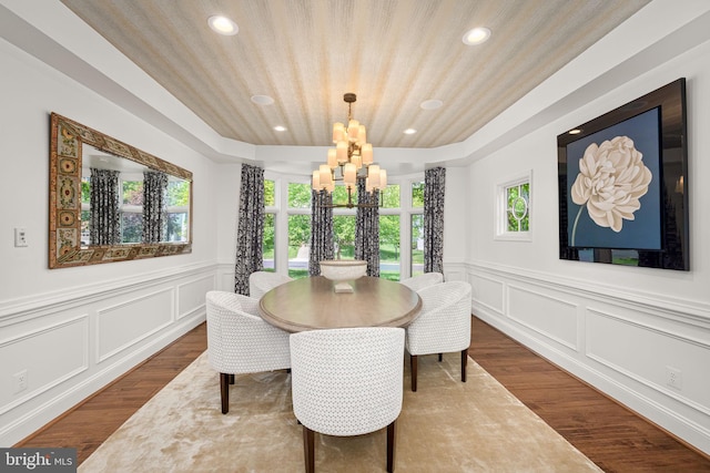 777 3rd St, Herndon, VA 20170 - dining space featuring a chandelier, a decorative wall, recessed lighting, dark wood-type flooring, and a wainscoted wall