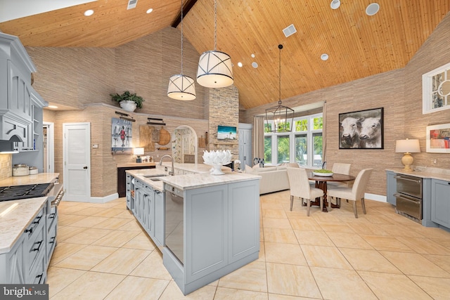 777 3rd St, Herndon, VA 20170 - kitchen featuring high vaulted ceiling, gray cabinets, wood ceiling, a sink, and light tile patterned floors