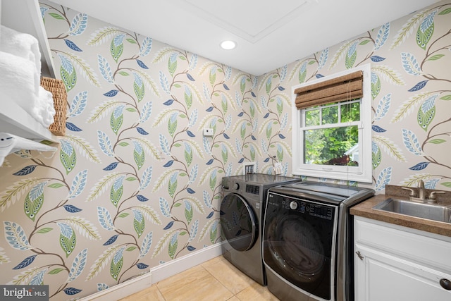 777 3rd St, Herndon, VA 20170 - washroom featuring wallpapered walls, washing machine and clothes dryer, light tile patterned floors, recessed lighting, and baseboards