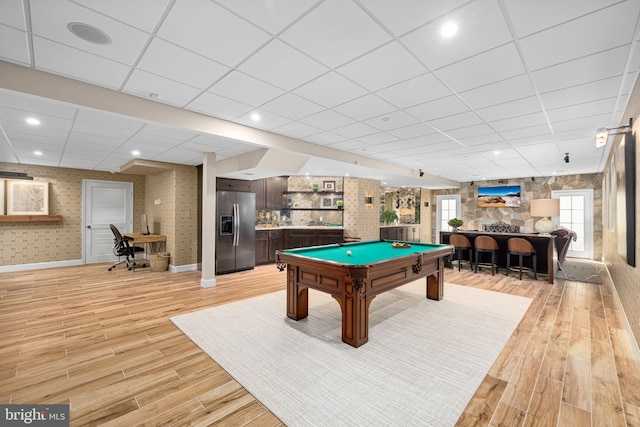 777 3rd St, Herndon, VA 20170 - rec room featuring wallpapered walls, light wood finished floors, a drop ceiling, pool table, and bar