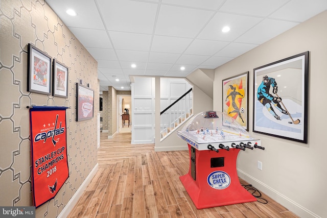 777 3rd St, Herndon, VA 20170 - recreation room featuring baseboards, light wood finished floors, wallpapered walls, and recessed lighting