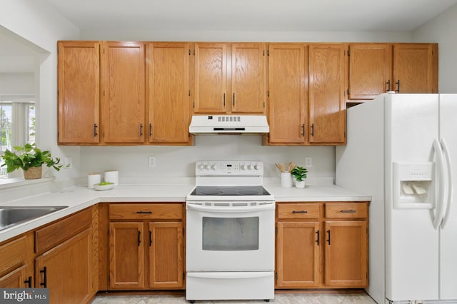 6201 Knolls Ct, Elkridge, MD 21075 - kitchen with white appliances, under cabinet range hood, light countertops, and brown cabinetry