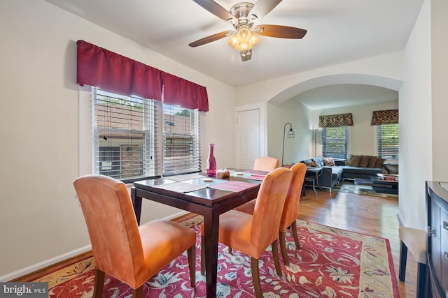 4909 Meade St NE, Washington, DC 20019 - dining space with arched walkways, plenty of natural light, wood finished floors, and ceiling fan