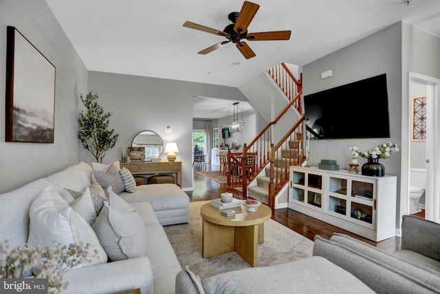 3061 Raking Leaf Dr, Abingdon, MD 21009 - living room with stairs, wood finished floors, and ceiling fan