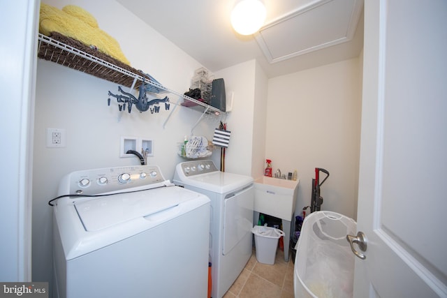 714 Shady Creek Ct, Bel Air, MD 21015 - washroom featuring washer and clothes dryer, light tile patterned floors, and attic access