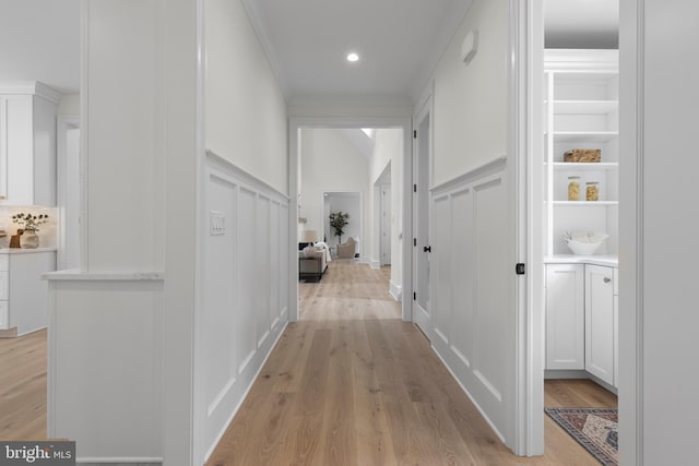 3718 Gradyville Rd, Newtown Square, PA 19073 - hallway featuring a decorative wall, light wood finished floors, ornamental molding, recessed lighting, and a wainscoted wall