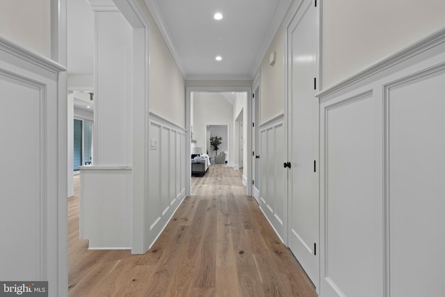3718 Gradyville Rd, Newtown Square, PA 19073 - hall featuring a decorative wall, ornamental molding, light wood-style floors, and recessed lighting