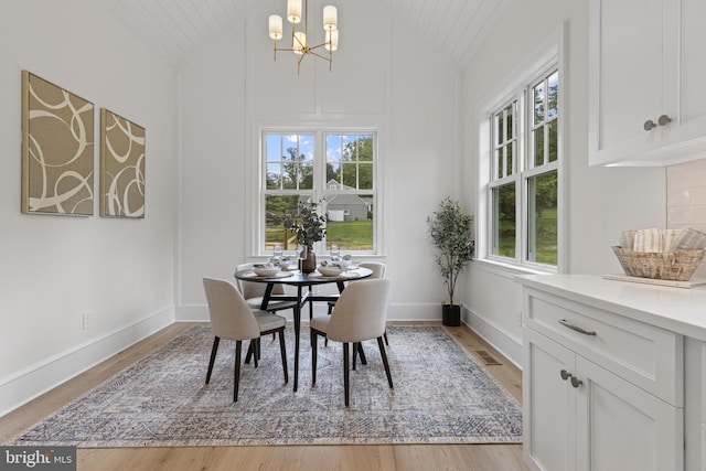 3718 Gradyville Rd, Newtown Square, PA 19073 - dining area with lofted ceiling, light wood-type flooring, a chandelier, baseboards, and wood ceiling