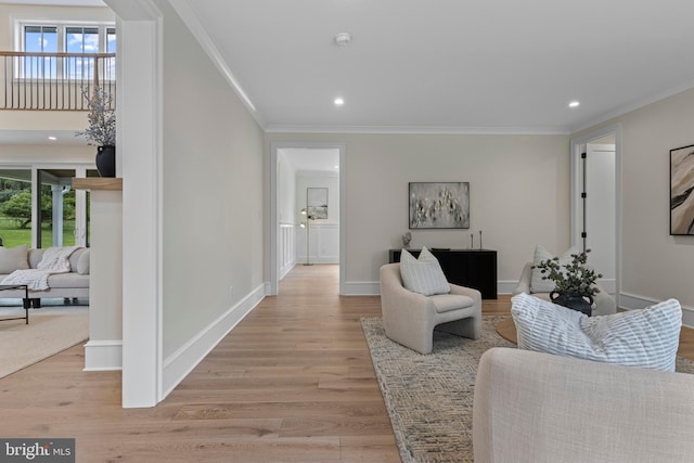 3718 Gradyville Rd, Newtown Square, PA 19073 - living room featuring light wood-style floors, crown molding, recessed lighting, and baseboards