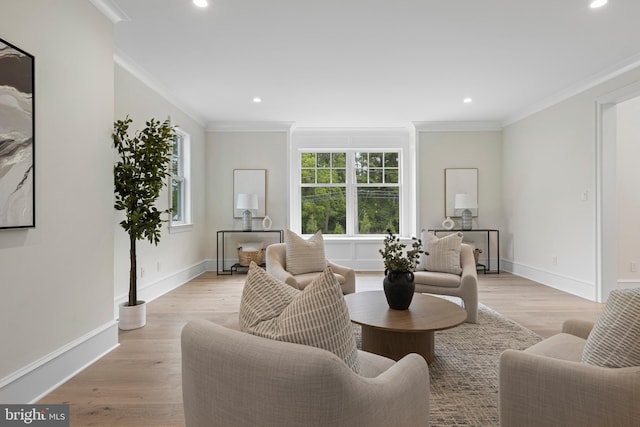 3718 Gradyville Rd, Newtown Square, PA 19073 - living room with ornamental molding, light wood finished floors, baseboards, and recessed lighting