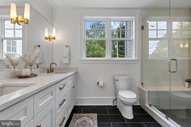3718 Gradyville Rd, Newtown Square, PA 19073 - full bath with toilet, double vanity, tile patterned flooring, a stall shower, and baseboards