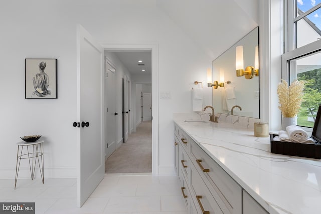 3718 Gradyville Rd, Newtown Square, PA 19073 - bathroom with vanity, tile patterned floors, recessed lighting, vaulted ceiling, and baseboards