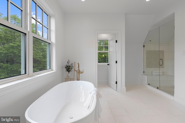 3718 Gradyville Rd, Newtown Square, PA 19073 - full bath with a freestanding bath, a shower stall, tile patterned floors, and recessed lighting
