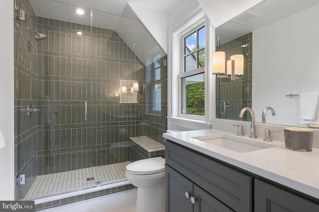 3718 Gradyville Rd, Newtown Square, PA 19073 - bathroom featuring vanity, a stall shower, tile patterned floors, toilet, and recessed lighting