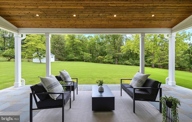 3718 Gradyville Rd, Newtown Square, PA 19073 - view of patio / terrace featuring an outdoor living space, view of scattered trees, and an outbuilding