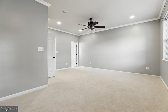9901 Airedale Ct, Bristow, VA 20136 - unfurnished room featuring ornamental molding, a ceiling fan, light colored carpet, baseboards, and recessed lighting
