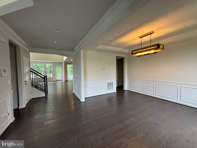 2410 Vineyard Springs Way, Ellicott City, MD 21043 - spare room with ornamental molding, dark wood-style floors, a decorative wall, stairs, and a tray ceiling