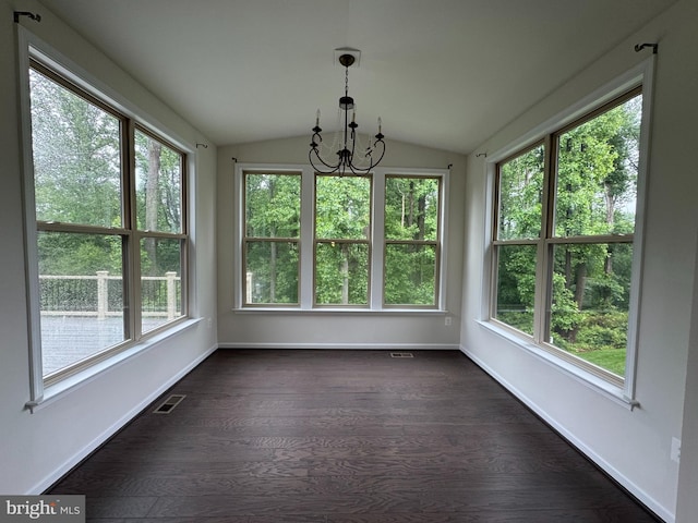 2410 Vineyard Springs Way, Ellicott City, MD 21043 - unfurnished sunroom featuring a chandelier, vaulted ceiling, plenty of natural light, wood finished floors, and baseboards