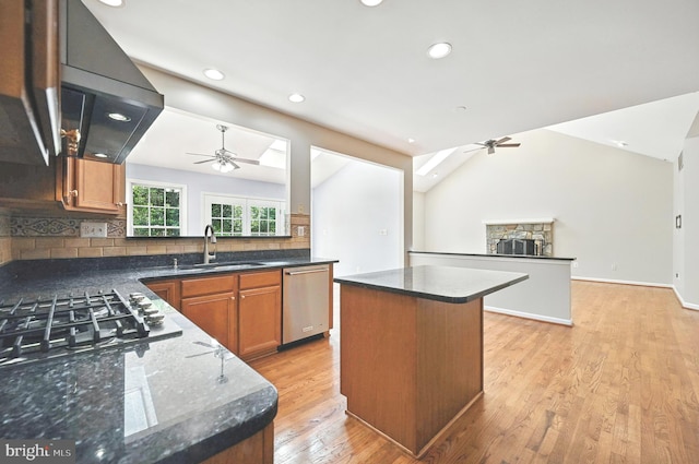10861 Hunter Gate Way, Reston, VA 20194 - kitchen with stainless steel dishwasher, ceiling fan, range hood, light wood-style floors, and recessed lighting