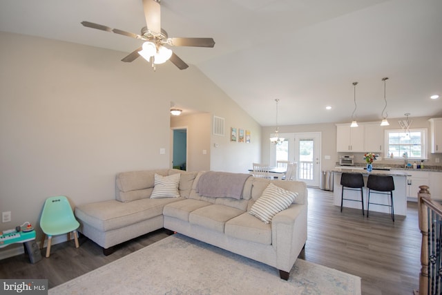 316 Pochards Ct, Martinsburg, WV 25403 - living room with wood finished floors, ceiling fan, recessed lighting, a chandelier, and vaulted ceiling