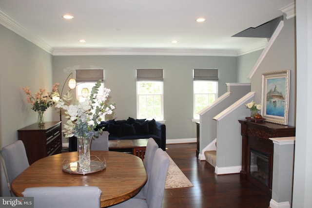 13512 Turquoise Ln, Herndon, VA 20170 - dining space with stairs, wood finished floors, baseboards, ornamental molding, and recessed lighting