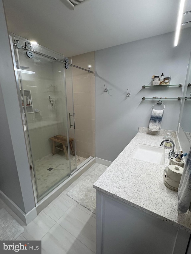 4112 Park Blvd Unit G, Wildwood, NJ 08260 - full bathroom featuring vanity, a shower stall, baseboards, and marble finish floors